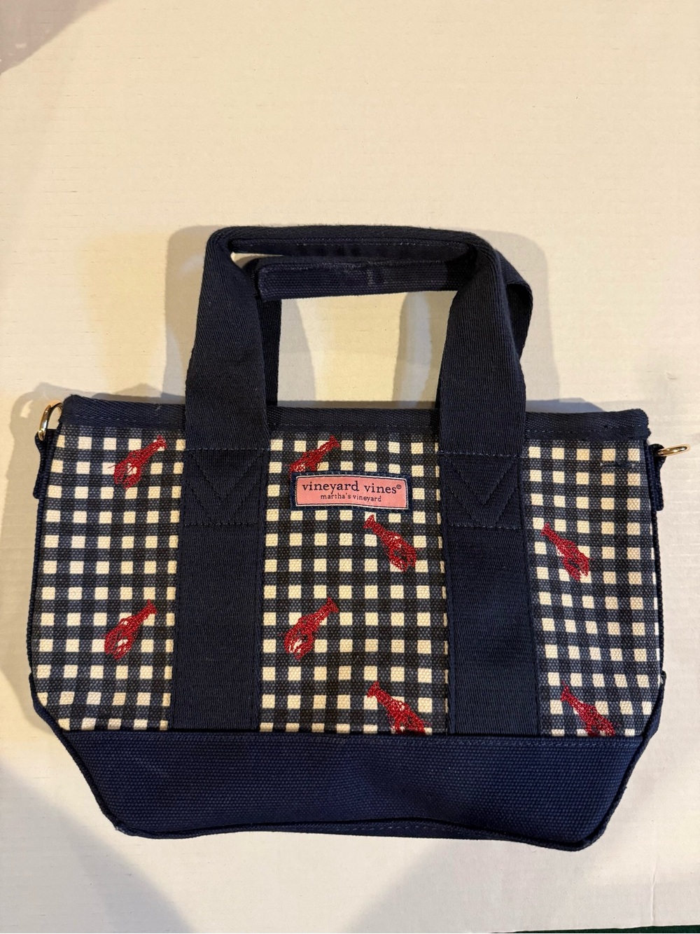 Vineyard Vines Navy Gingham Tote with Red Lobster Embroidery